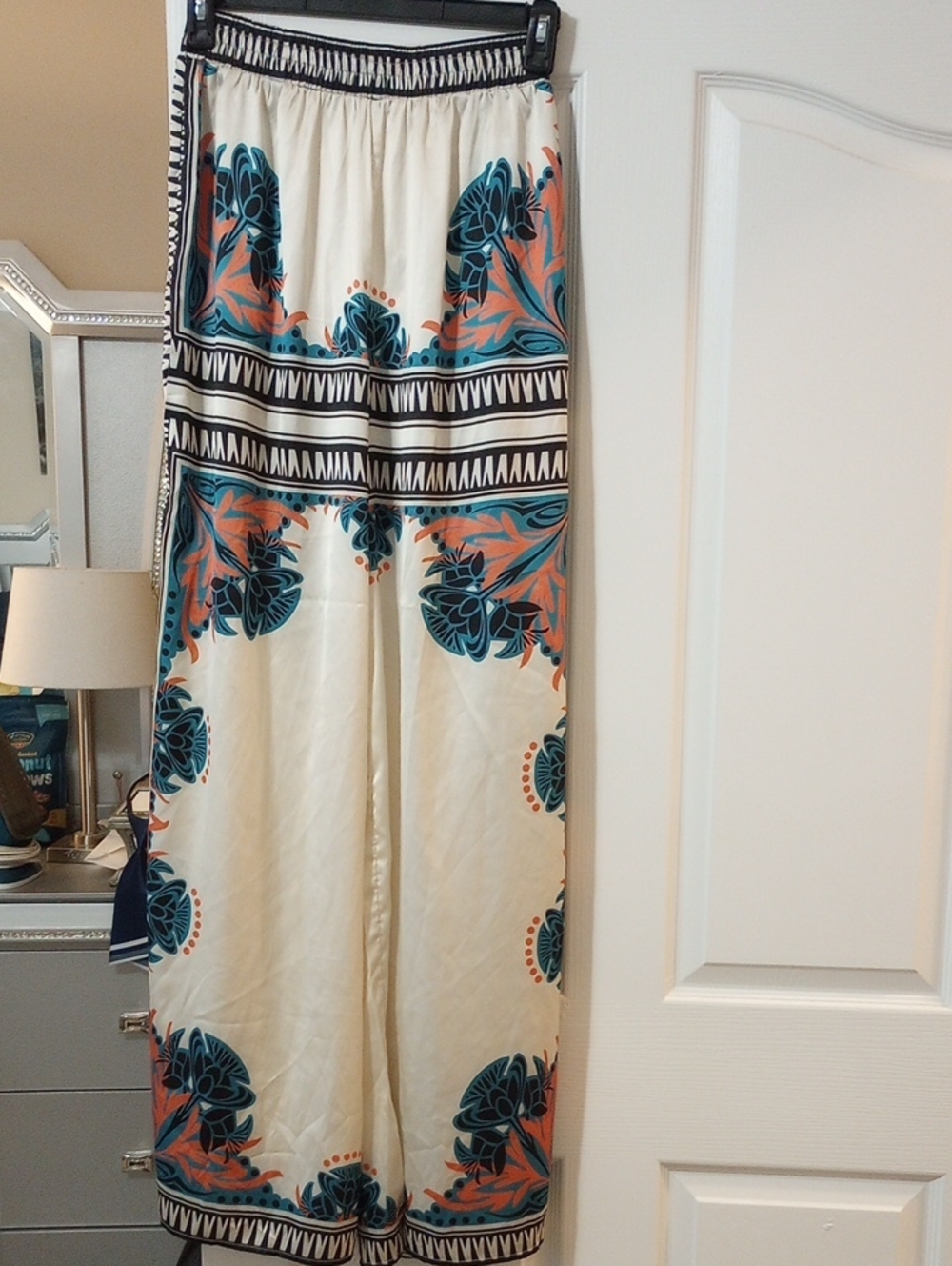 Printed Wide-Leg Pants - Cream with Teal & Coral Floral